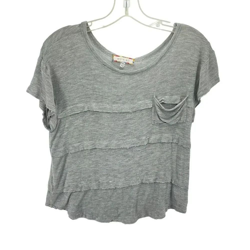 Eri + Ali Womens Scoopneck Shirt Short Sleeve Raw Edge Stretch Pocket Gray Small